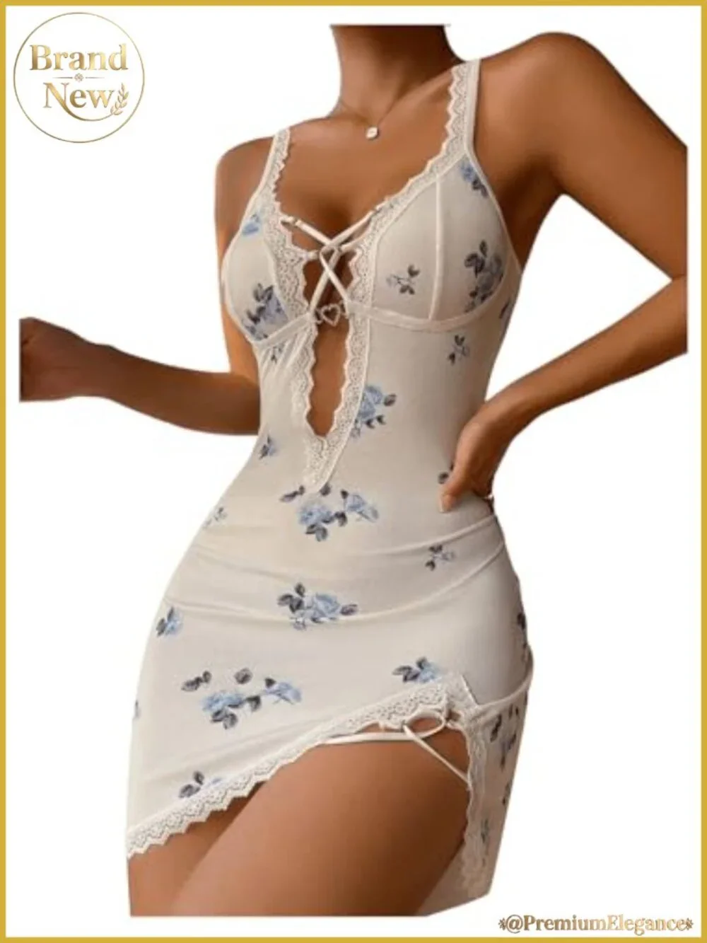Women's V-Neck Floral Print Lace Trim Nightgown Chemise Slip Dress